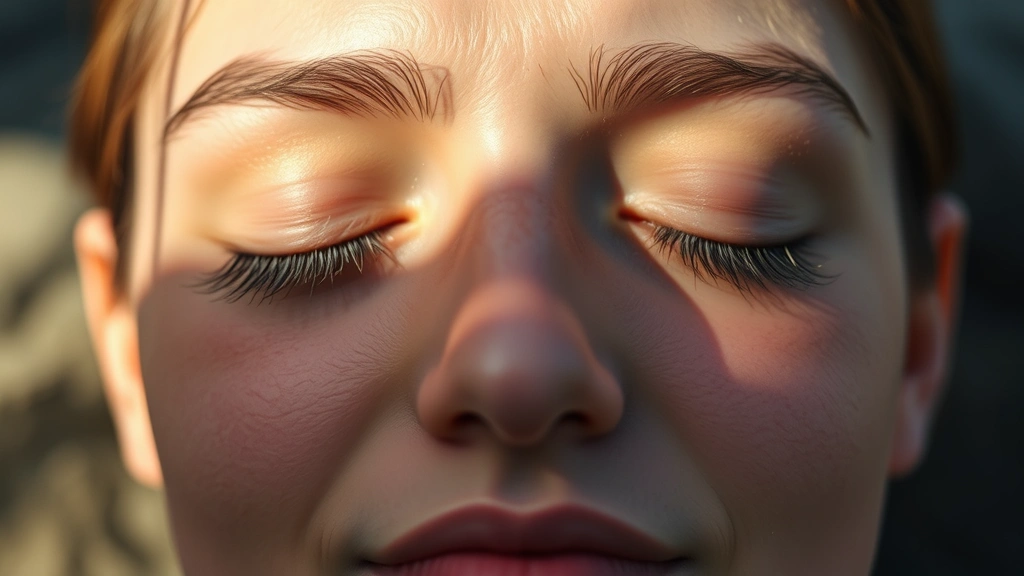 Close-up of person's face showing relaxed peaceful expression during meditation, soft natural lighting, eyes gently closed, tranquil atmosphere, photorealistic