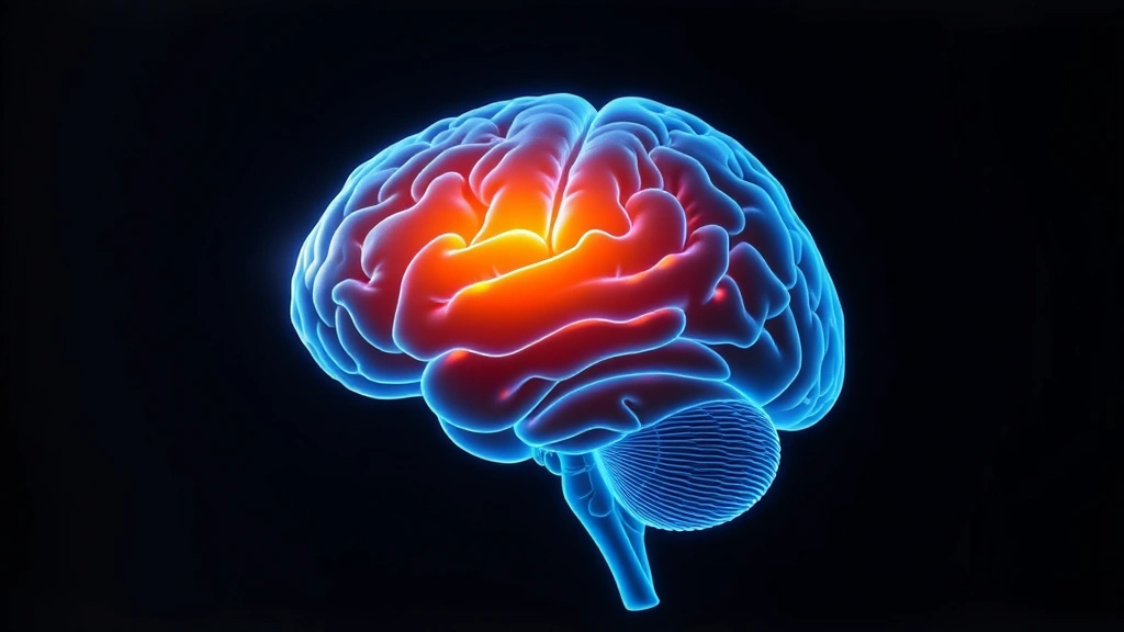 Brain scan visualization showing highlighted prefrontal cortex region glowing with neural activity, representing attention and focus enhancement through meditation