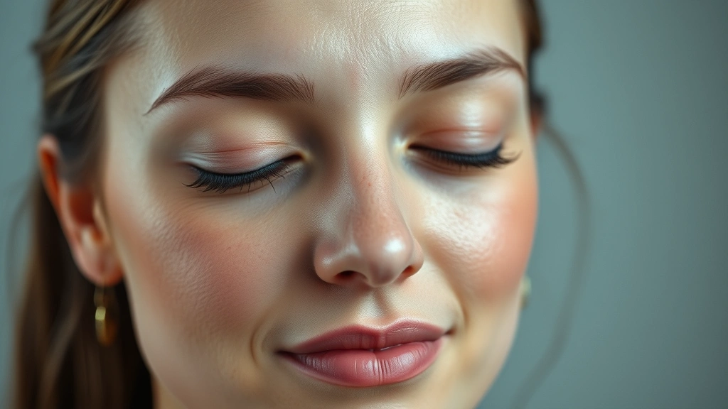 Close-up of person's face showing calm expression during meditation, soft natural lighting, relaxed features, neutral background, photorealistic portrait style