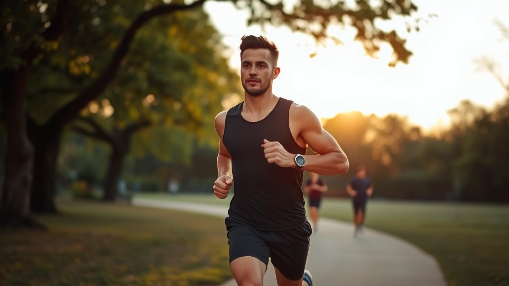 Person jogging through park at sunrise, athletic build, determined expression, natural outdoor setting with trees and morning light, demonstrating physical activity and mental clarity connection