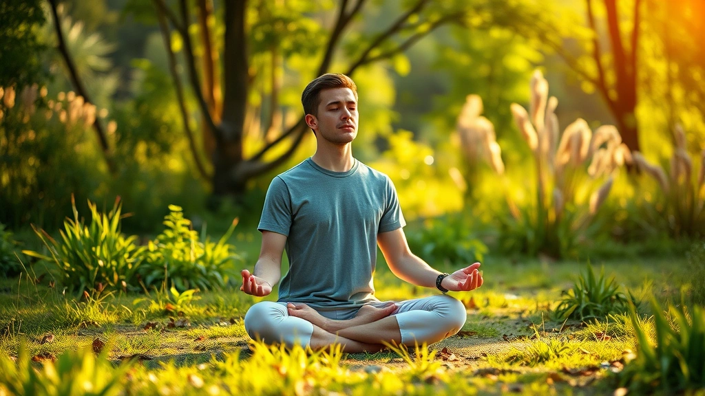Person meditating outdoors in nature setting with soft morning light, sitting peacefully on ground surrounded by greenery, calm focused demeanor, photorealistic