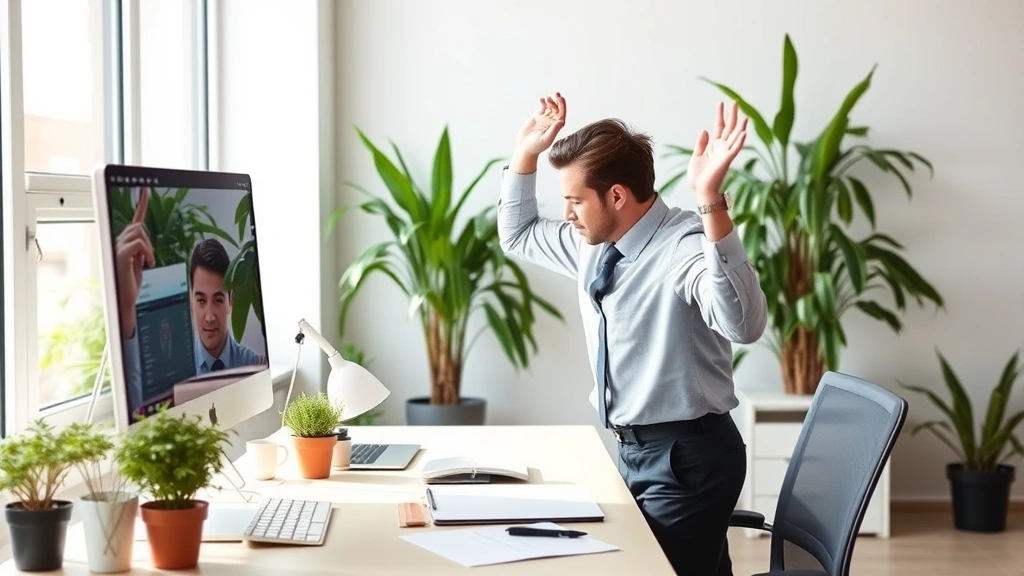 Professional at standing desk during work session, energized posture, organized workspace with plants, bright natural light, active focus engagement, no technology screens showing