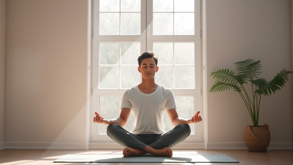 Individual in meditation posture in bright natural setting, morning sunlight streaming through windows, peaceful demeanor, professional photography style, no distractions visible