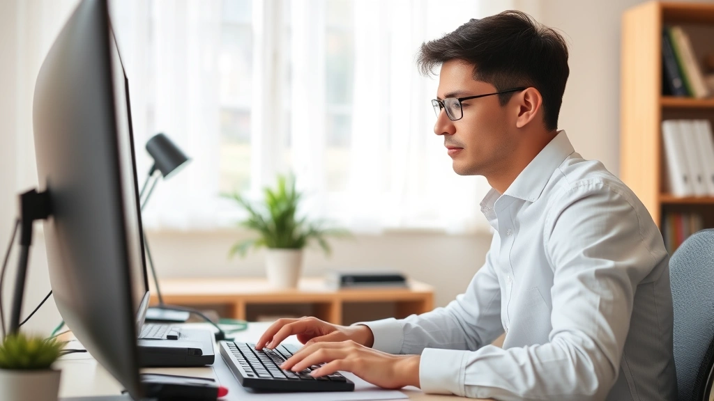 Individual in focused work state at desk with peaceful expression, morning natural light, hands positioned on keyboard, calm concentrated demeanor suggesting deep concentration and mental clarity