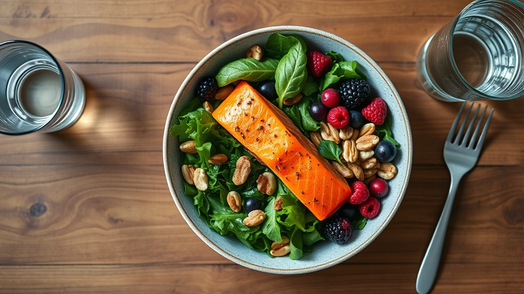 Top-down view of nutritious meal bowl with salmon, leafy greens, nuts, and berries on wooden table, water glass nearby, representing brain-healthy nutrition for cognitive performance