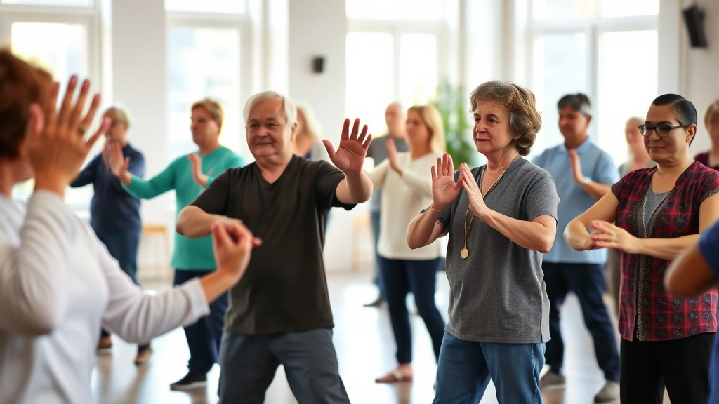 Diverse group of adults in community center participating in tai chi or meditation class, morning light through windows, peaceful focused expressions, hands in gentle motion
