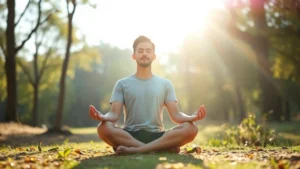 Person meditating in serene natural setting with sunlight filtering through trees, peaceful expression, cross-legged position, calm outdoor environment, photorealistic, focus and tranquility