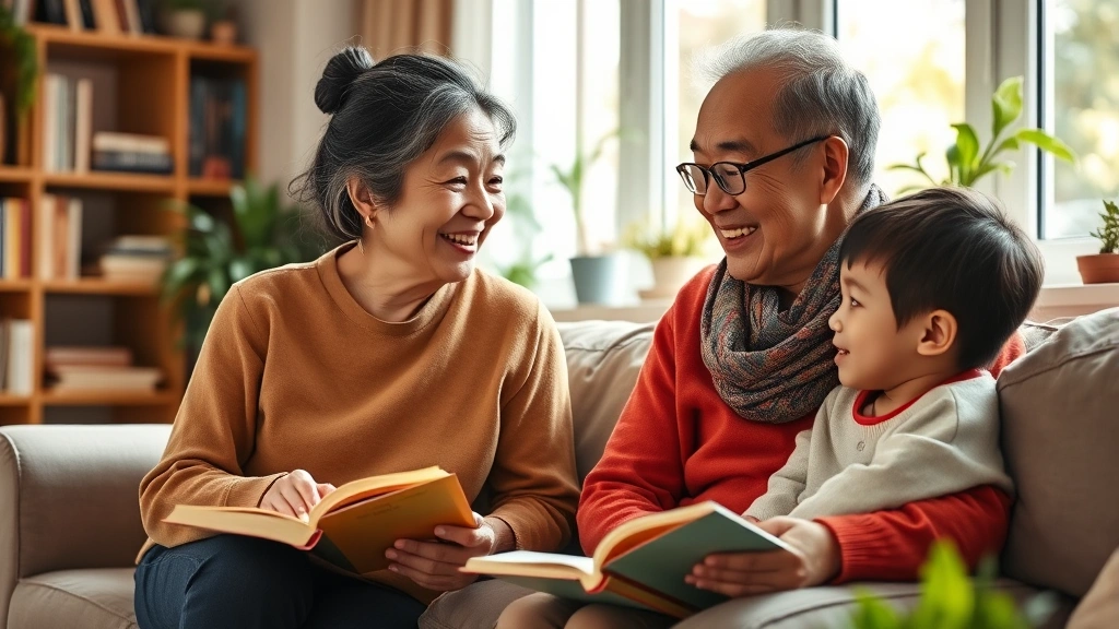 Multigenerational Asian family having warm conversation in home setting, grandmother and grandchild smiling together, natural sunlight, books and plants visible, authentic intimate moment