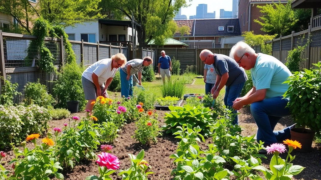 Community garden in urban neighborhood with residents tending plants, diverse age groups working together, blooming flowers and vegetables, natural daylight, genuine connection visible