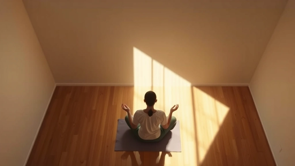 Overhead view of person meditating in minimalist room with soft morning light, wooden floor, clean aesthetic space, demonstrating dedicated practice environment, photorealistic interior