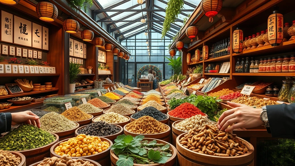 Traditional Chinese herb market display with dried herbs, ginseng, and wellness ingredients in wooden containers, warm market lighting, hands selecting ingredients, vibrant natural colors, peaceful shopping atmosphere, no visible text or signage, photorealistic
