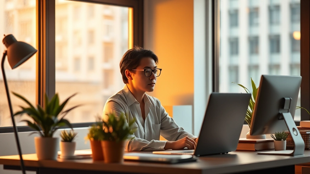 Professional in focused work session at clean desk with plants, warm lighting, peaceful concentration evident in body language, natural window light, organized workspace, no screens or visible text, calm urban background, photorealistic
