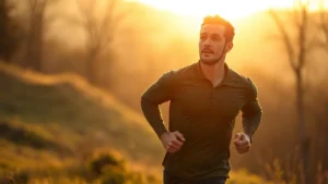 Person jogging outdoors in morning sunlight with focused expression, natural landscape background, professional photorealistic quality