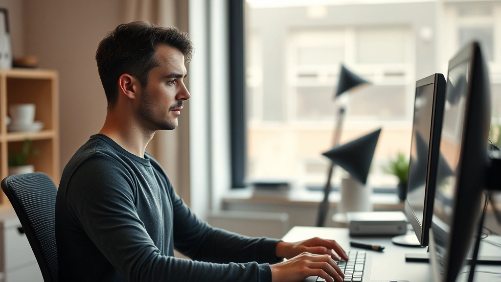 Individual in deep focus state at desk after workout, calm mental state, peaceful workspace environment, warm professional lighting