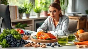A focused professional at a desk surrounded by fresh vegetables, salmon, blueberries, nuts, and green tea in natural lighting, appearing calm and concentrated