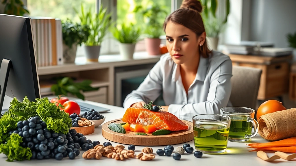 A focused professional at a desk surrounded by fresh vegetables, salmon, blueberries, nuts, and green tea in natural lighting, appearing calm and concentrated