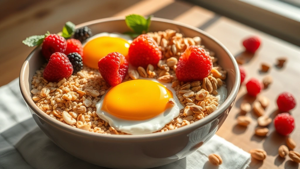 Close-up of a nutritious breakfast bowl containing eggs, whole grains, fresh berries, and nuts with morning sunlight streaming across the table