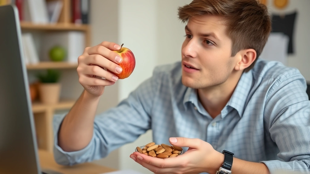 A person eating a healthy snack of almonds and an apple mid-workday at their desk, showing clear mental engagement and alertness