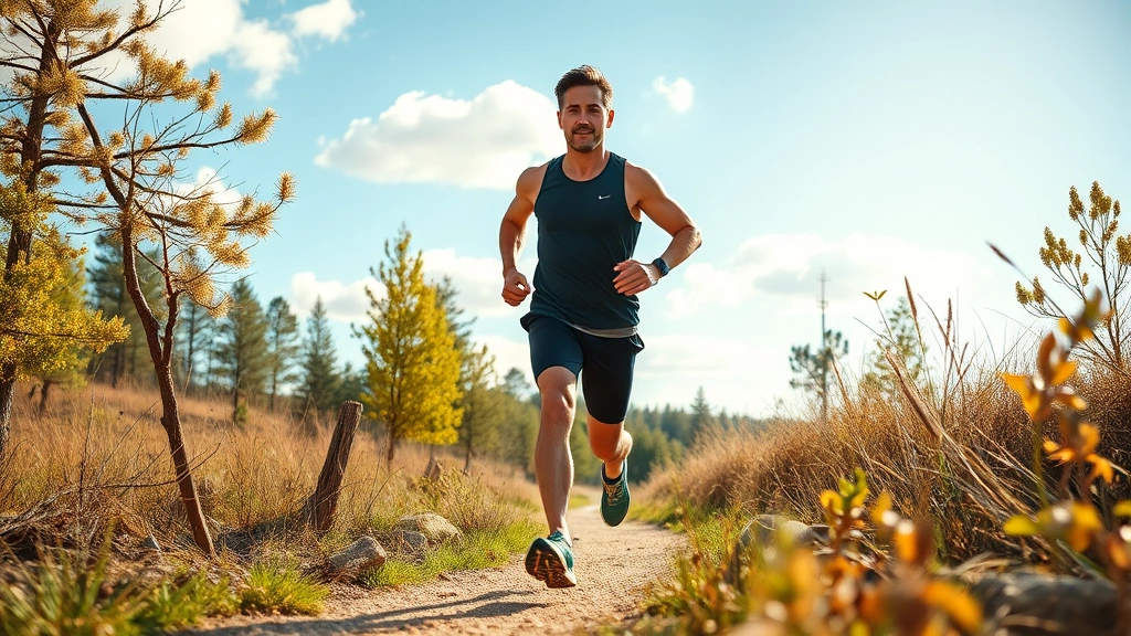 Person jogging outdoors on a sunny trail through nature, athletic wear, focused expression, natural landscape with trees and sky, energetic movement captured mid-stride, photorealistic, vibrant daylight