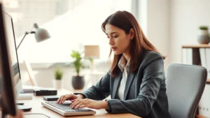 Professional in focused concentration at desk, natural lighting, calm workspace with minimal distractions, peaceful expression, hands on keyboard, warm neutral tones