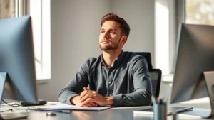 Person sitting peacefully at desk with natural sunlight, hands relaxed, looking directly ahead with calm focused expression, modern minimalist workspace, no visible screens or text, photorealistic professional setting