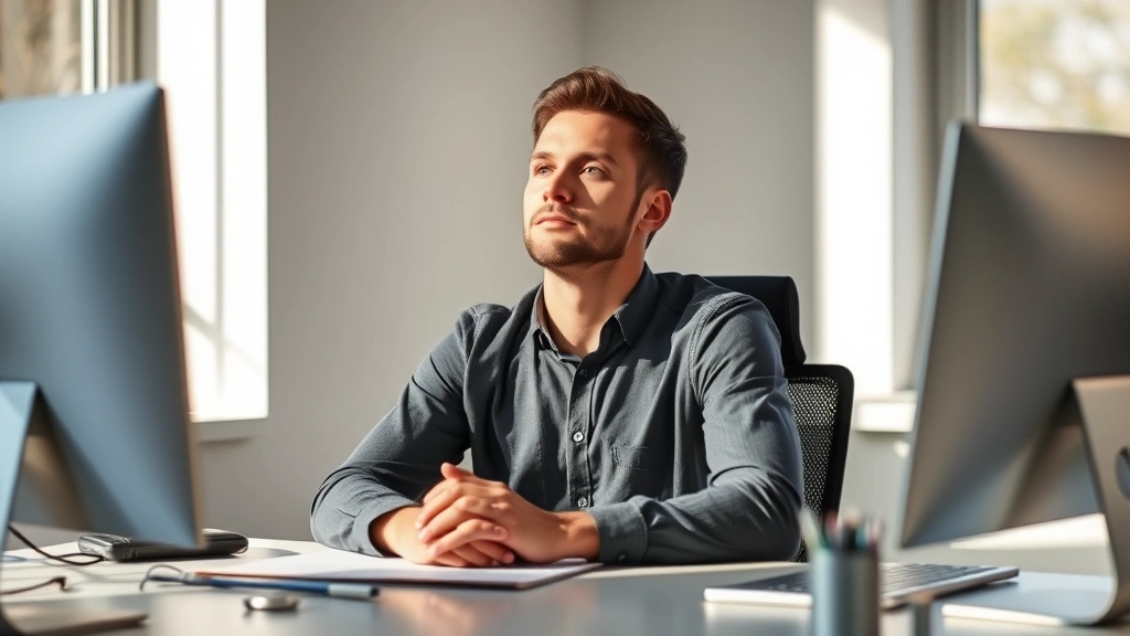Person sitting peacefully at desk with natural sunlight, hands relaxed, looking directly ahead with calm focused expression, modern minimalist workspace, no visible screens or text, photorealistic professional setting