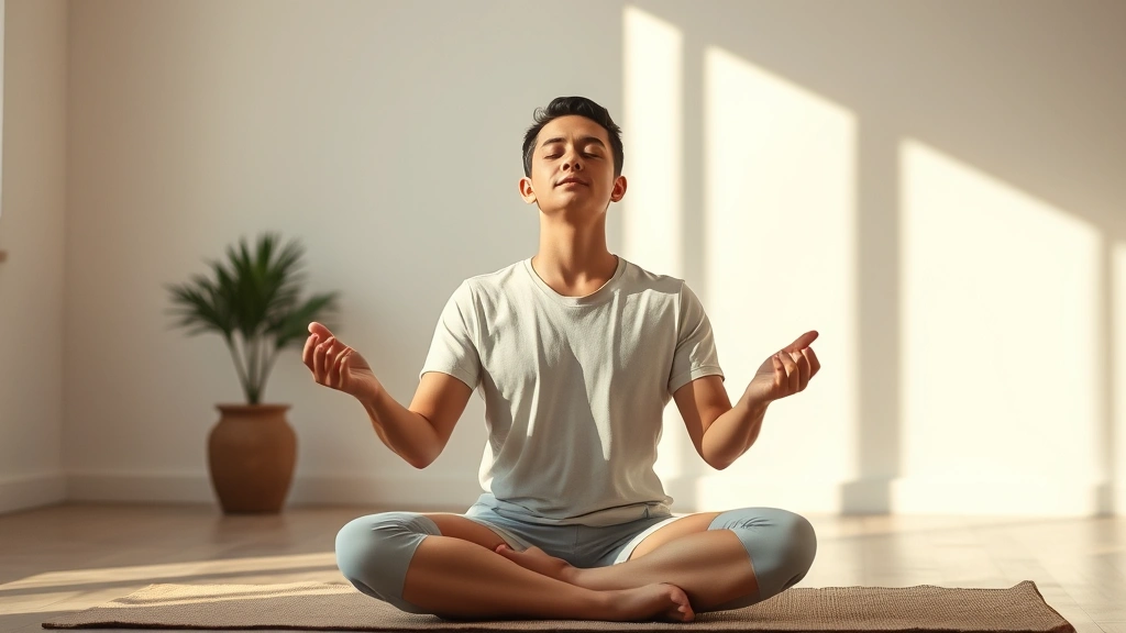 Individual practicing meditation in bright room with soft natural light, sitting cross-legged with eyes closed in serene posture, warm neutral tones, peaceful expression, no visible objects or text