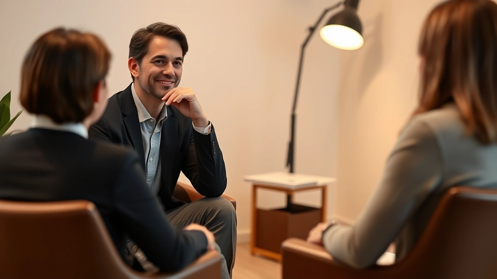 Professional in consultation room during therapy session, sitting comfortably in supportive posture, warm lighting, thoughtful expression, neutral background, natural interaction moment, no visible screens or documents