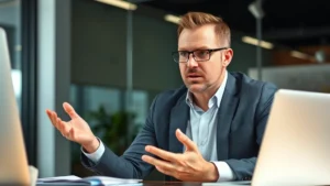 Professional man in business casual clothing sitting at a desk with intense focused expression, hands gesturing expressively mid-conversation, bright office lighting, energetic body language conveying passionate engagement with work, photorealistic