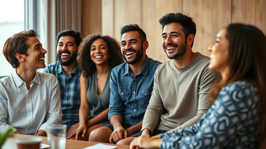 Diverse group of people in a meeting room laughing together, relaxed authentic expressions, genuine human connection and vulnerability visible, warm lighting, candid moment of team engagement and psychological safety, photorealistic
