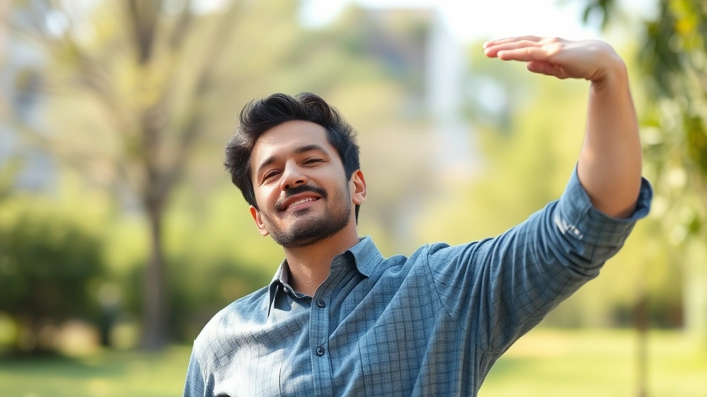 Individual taking a genuine break from work, stretching or walking outside with peaceful expression, natural lighting, balanced posture showing recovery and restoration, sustainable wellness approach visible, photorealistic