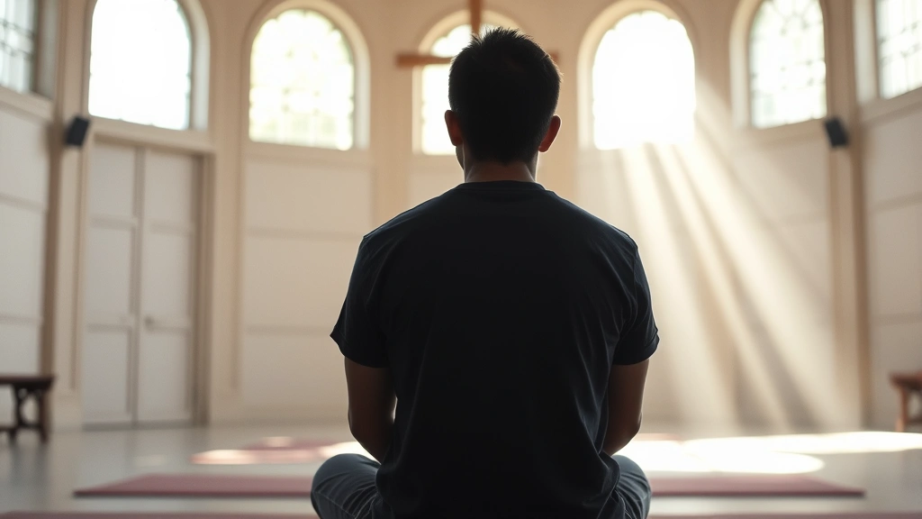 A person in a peaceful chapel or meditation space with soft natural light streaming through windows, sitting in quiet contemplation, showing serenity and spiritual connection without any visible text or religious symbols