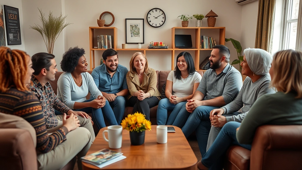 A diverse group of people in a comfortable living room setting engaged in conversation and connection, showing genuine human support and community without visible screens, clocks, or identifying markers