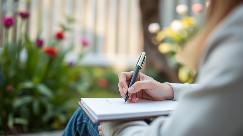 A person journaling or writing in a quiet outdoor garden setting with natural light, showing reflection and personal growth with pen and paper blurred, focusing on peaceful environment and mental clarity