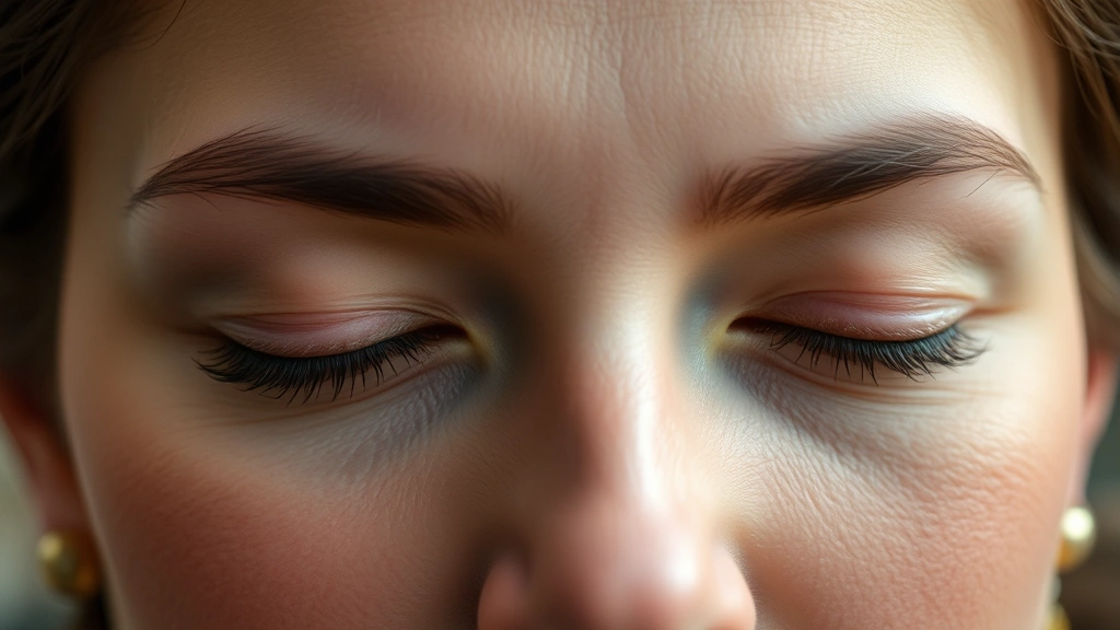 Close-up of person's face during meditation, eyes gently closed, peaceful expression, soft natural lighting, calm demeanor, showing deep concentration and inner peace