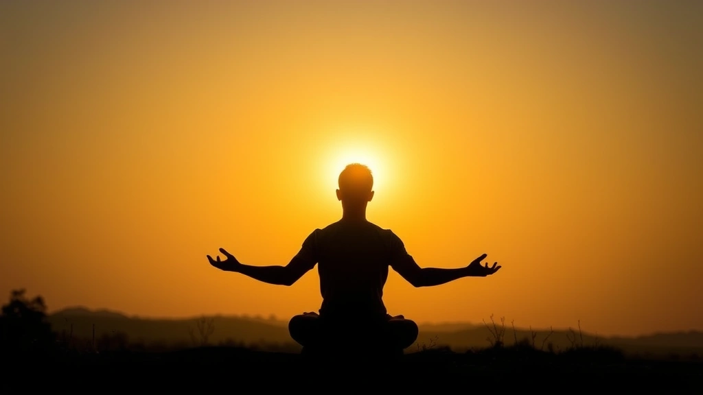 Silhouette of meditating figure against sunset or sunrise sky, sitting in lotus position, warm golden light, expansive natural background, tranquil atmosphere