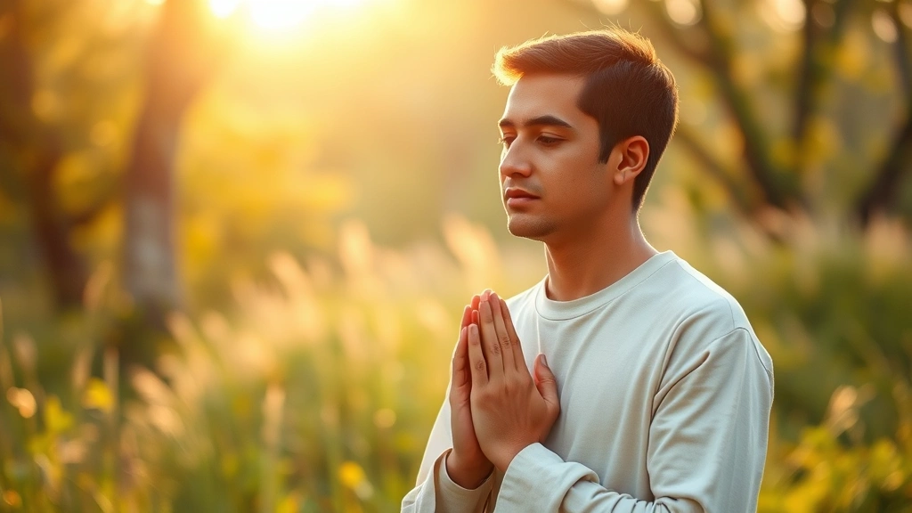Person in peaceful prayer position in serene natural setting, soft morning light, face peaceful and focused, hands clasped gently, surrounded by nature, photorealistic calm atmosphere