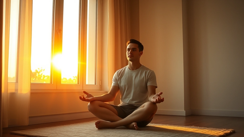Individual sitting in meditative posture by window during golden hour, light streaming through, expression of calm concentration, peaceful indoor environment, photorealistic contemplative moment