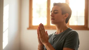 Person in peaceful prayer position in sunlit room, hands folded, serene expression, soft natural light streaming through window, calm focused demeanor