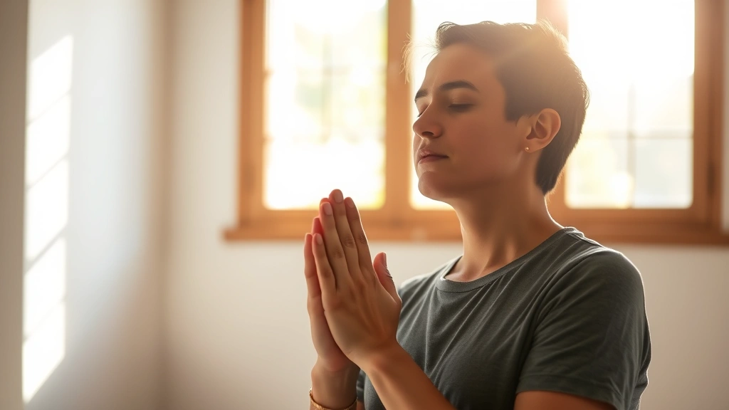 Person in peaceful prayer position in sunlit room, hands folded, serene expression, soft natural light streaming through window, calm focused demeanor
