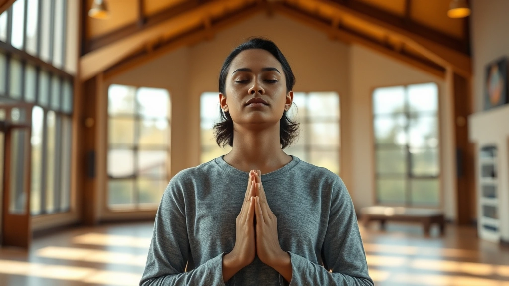 Person in peaceful prayer position in modern sanctuary, soft natural light through windows, hands folded gently, serene expression, professional photography style, emphasizing calm and spiritual peace