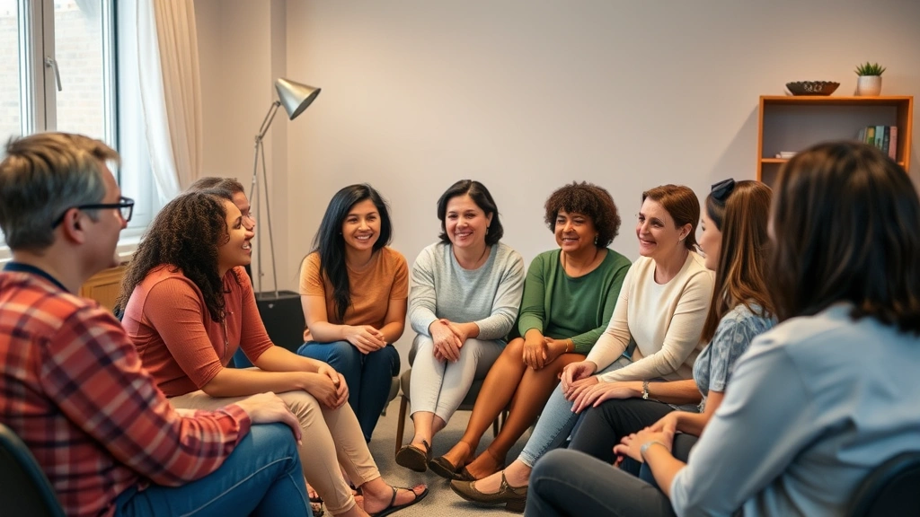 Small diverse support group sitting in circle having meaningful conversation, warm indoor lighting, genuine connection visible, no religious symbols visible, professional counseling environment atmosphere