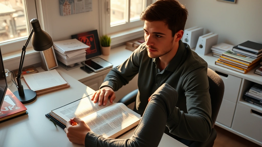 Individual at desk with open journal and Bible, morning sunlight streaming in, peaceful workspace, person looking contemplative, clean organized desk, warm natural lighting, no text visible on pages