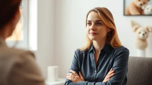 Professional woman therapist in calm office setting with natural light, warm neutral tones, peaceful expression, listening intently during counseling session, soft focus background