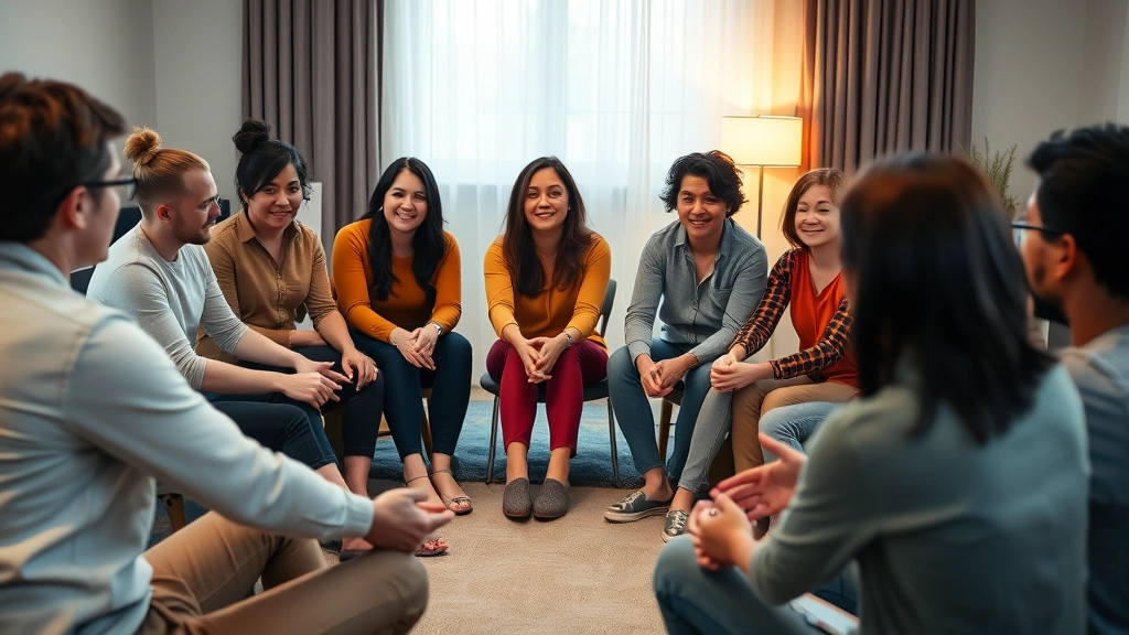 Diverse group of people sitting in circle during support group meeting, holding hands, peaceful expressions, warm lighting, intimate community setting, no visible faces showing emotions