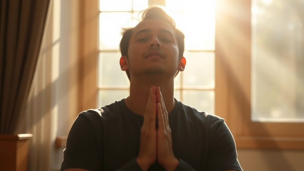 Person in peaceful prayer posture in morning sunlight, serene expression, hands folded, natural light streaming through window, photorealistic, calm focused demeanor