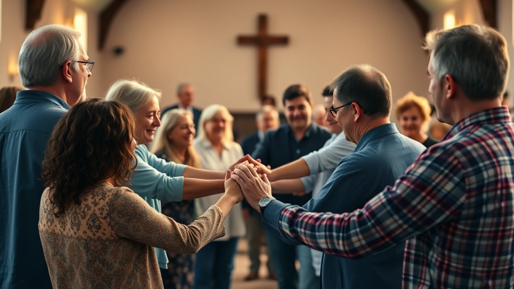 Diverse group in church community gathering, hands together in unity circle, warm lighting, genuine connection visible, photorealistic, purposeful togetherness