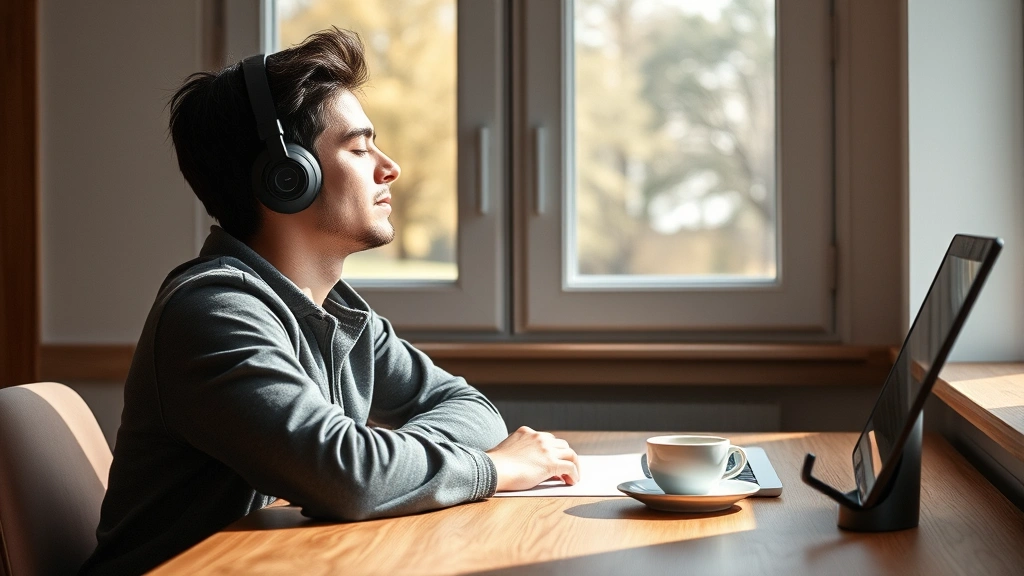 Person at wooden desk wearing headphones, eyes closed in deep concentration, morning natural light through window, coffee cup nearby, peaceful focused expression, minimalist workspace