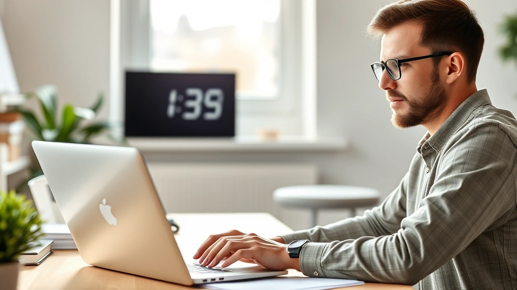 Split-screen showing productive person working intently at laptop with timer visible in peripheral vision, bright focused expression, organized desk with plant, natural window lighting, professional but comfortable setting