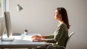 Person sitting peacefully at minimalist desk with soft natural lighting, hands resting on keyboard, serene focused expression, clean workspace with single plant, morning sunlight through window, photorealistic